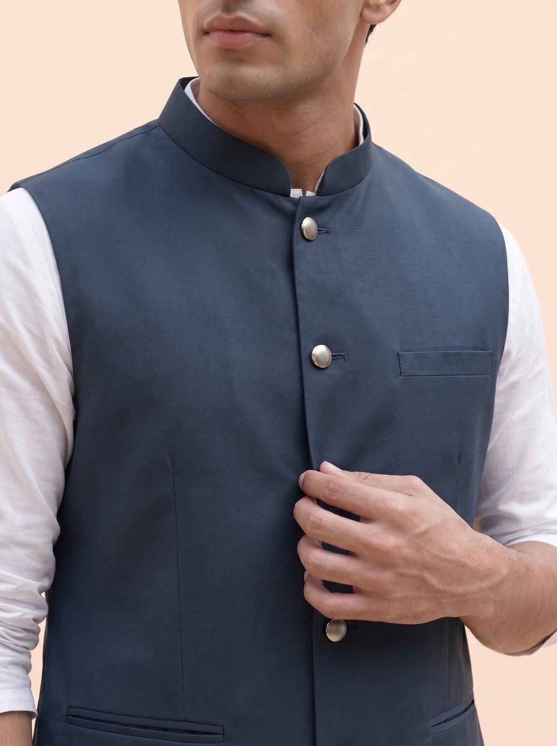 Aespen Slate Blue Classic Lurex Cotton Nehru Jacket for Men - Aespenfashion.com