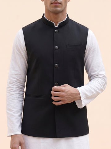 Aespen Midnight Black Classic Lurex Cotton Nehru Jacket for Men - Aespenfashion.com