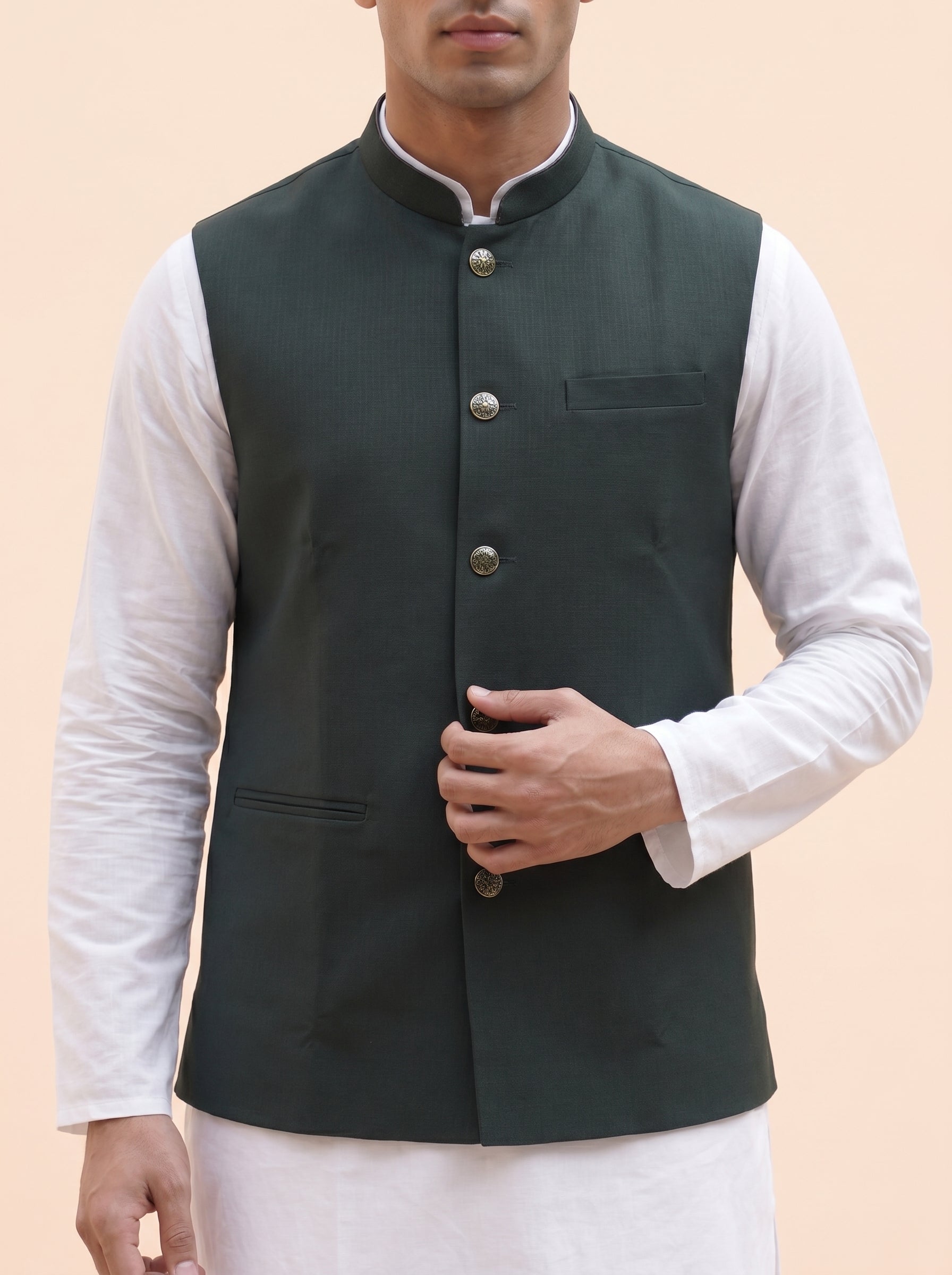 Aespen Elegant Emerald Green Lurex Cotton Nehru Jacket For Men - Aespenfashion.com
