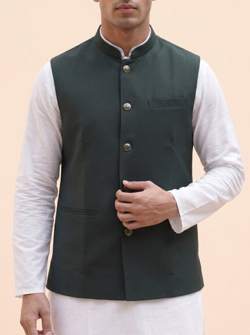 Aespen Elegant Emerald Green Lurex Cotton Nehru Jacket For Men - Aespenfashion.com