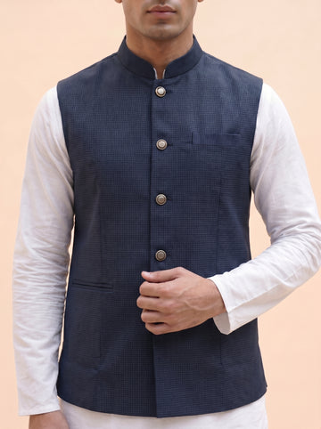 Aespen Premium Indigo Dobby Nehru Jacket For Men - Aespenfashion.com