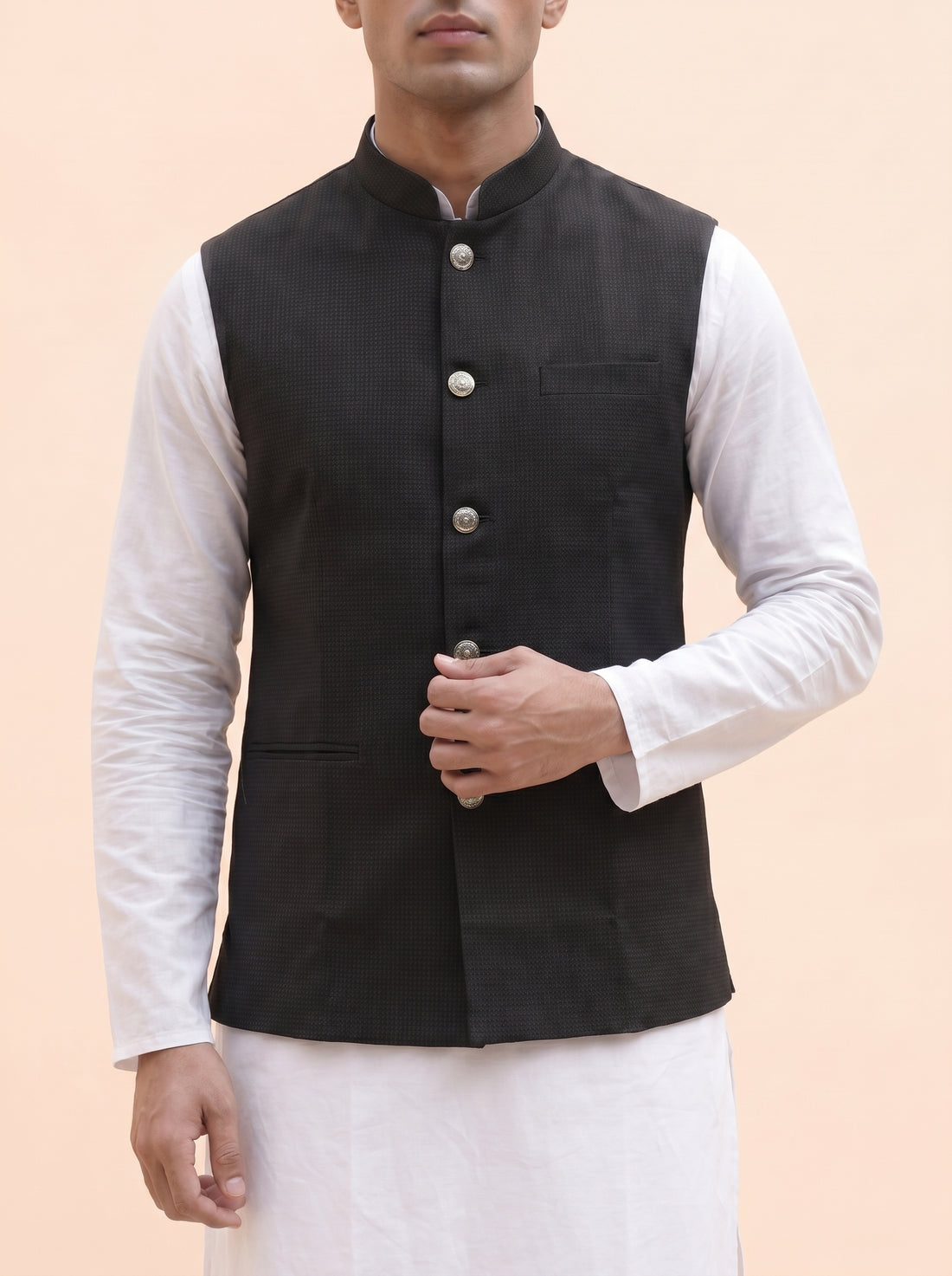 Aespen Classic Textured Slate Grey Lurex Cotton Nehru Jacket for Men - Aespenfashion.com