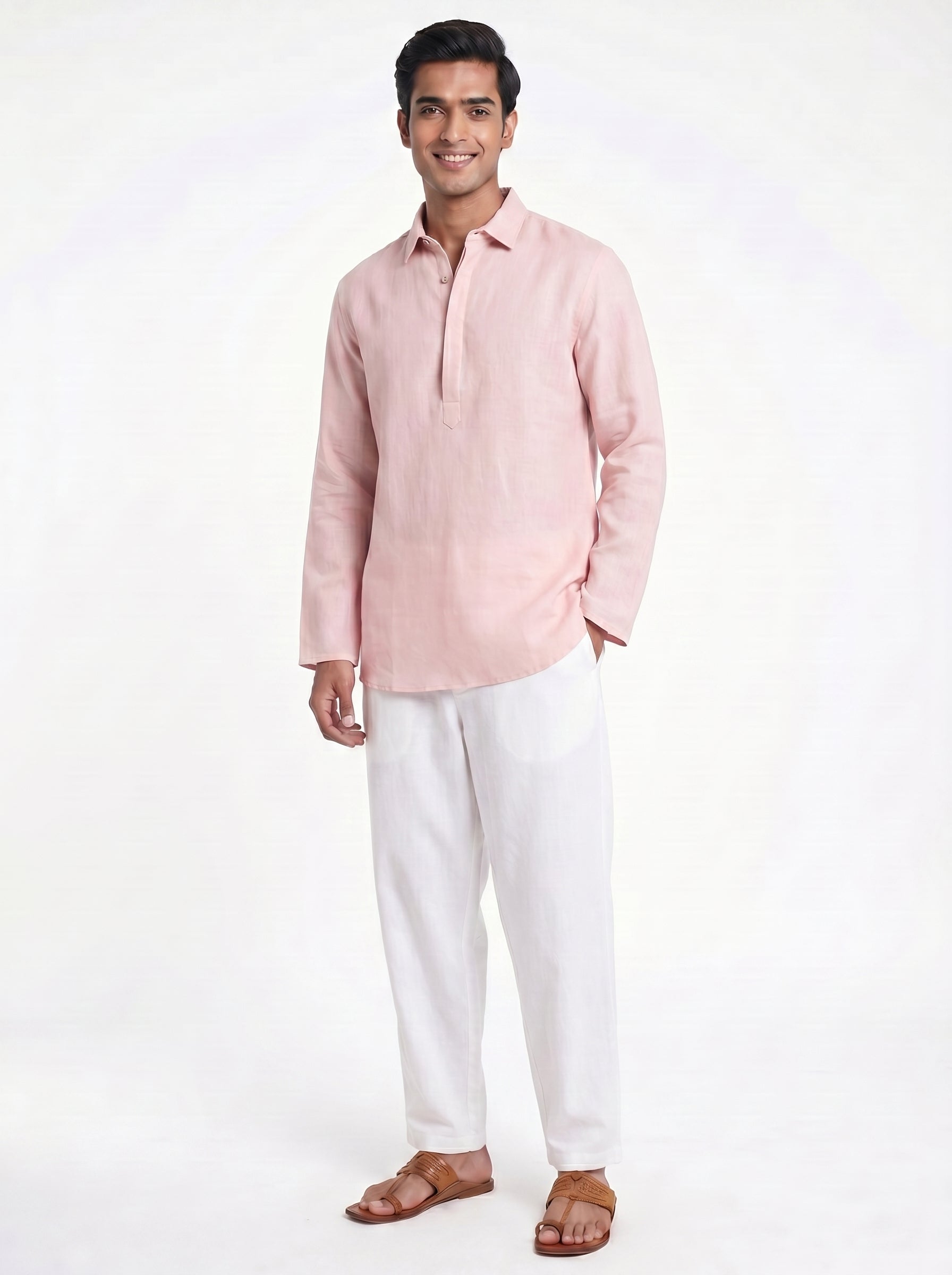 Aespen Rose Mist Pink Kurta Pant: Stylish Linen Short Kurta for Men