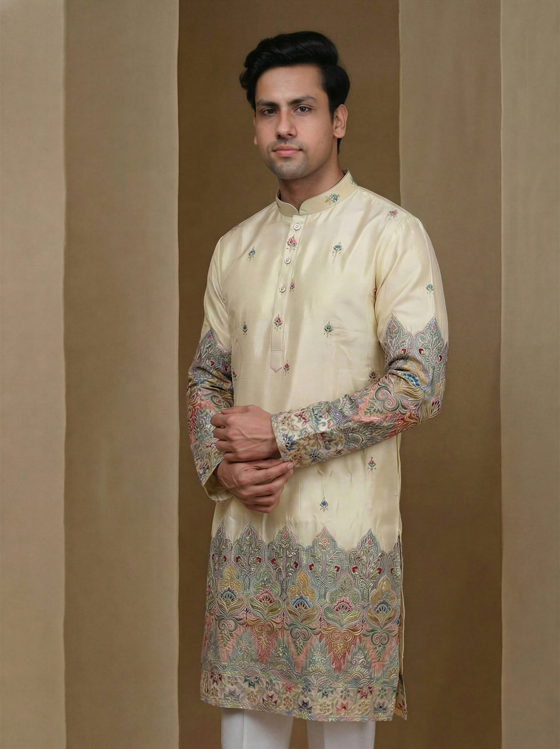 Aespen Beige Tissue Kurta For Men With Resham Work - Aespenfashion.com