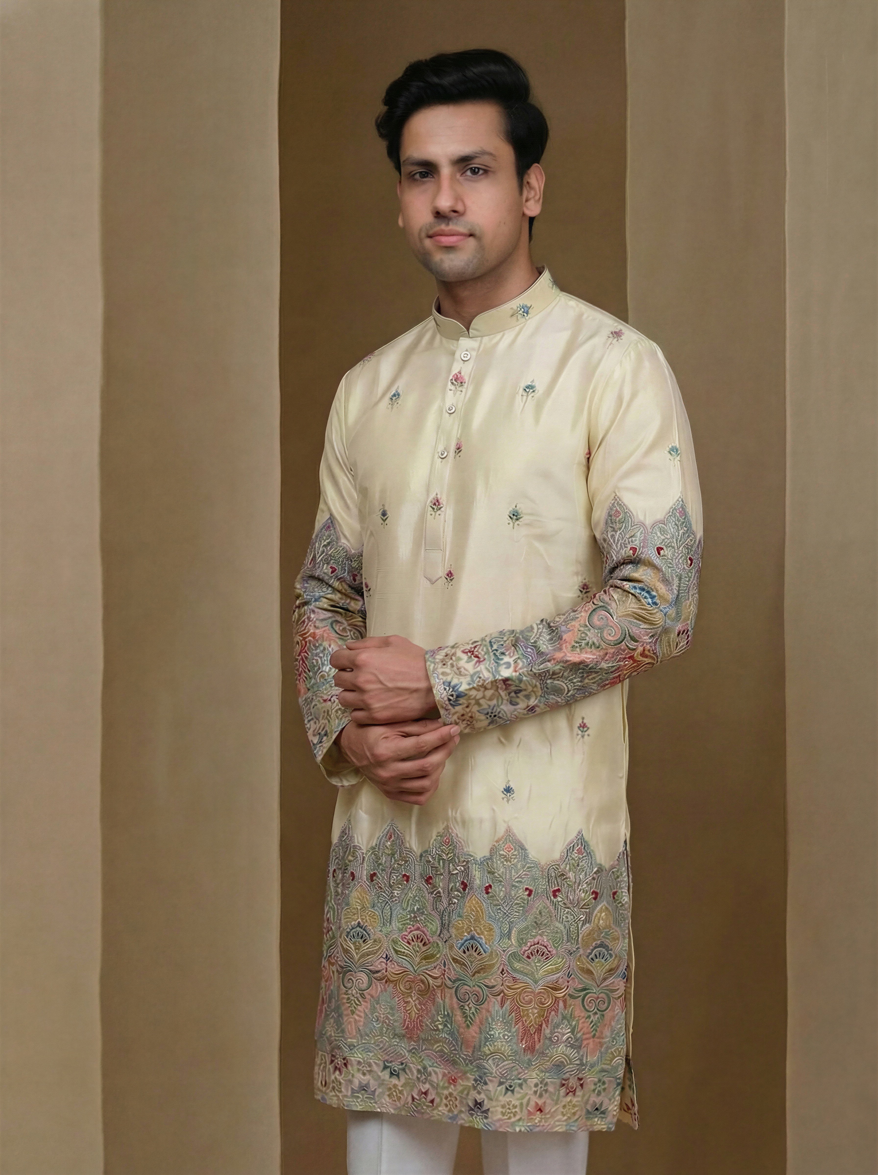 Aespen Beige Tissue Kurta For Men With Resham Work - Aespenfashion.com