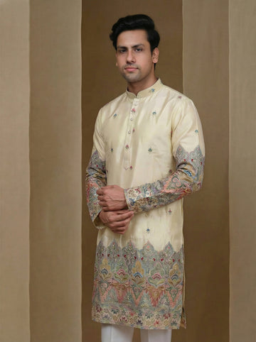 Aespen Beige Tissue Kurta For Men With Resham Work - Aespenfashion.com